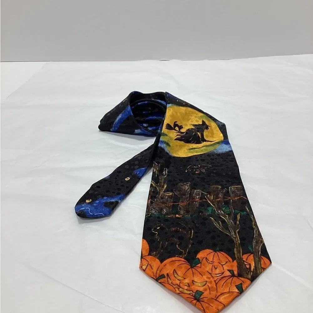 Spooky Halloween Witch Pumpkin Black Cat Necktie